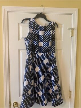 Talbots Blue, White and Black Sleeveless Fit-and-Flare Midi Dress